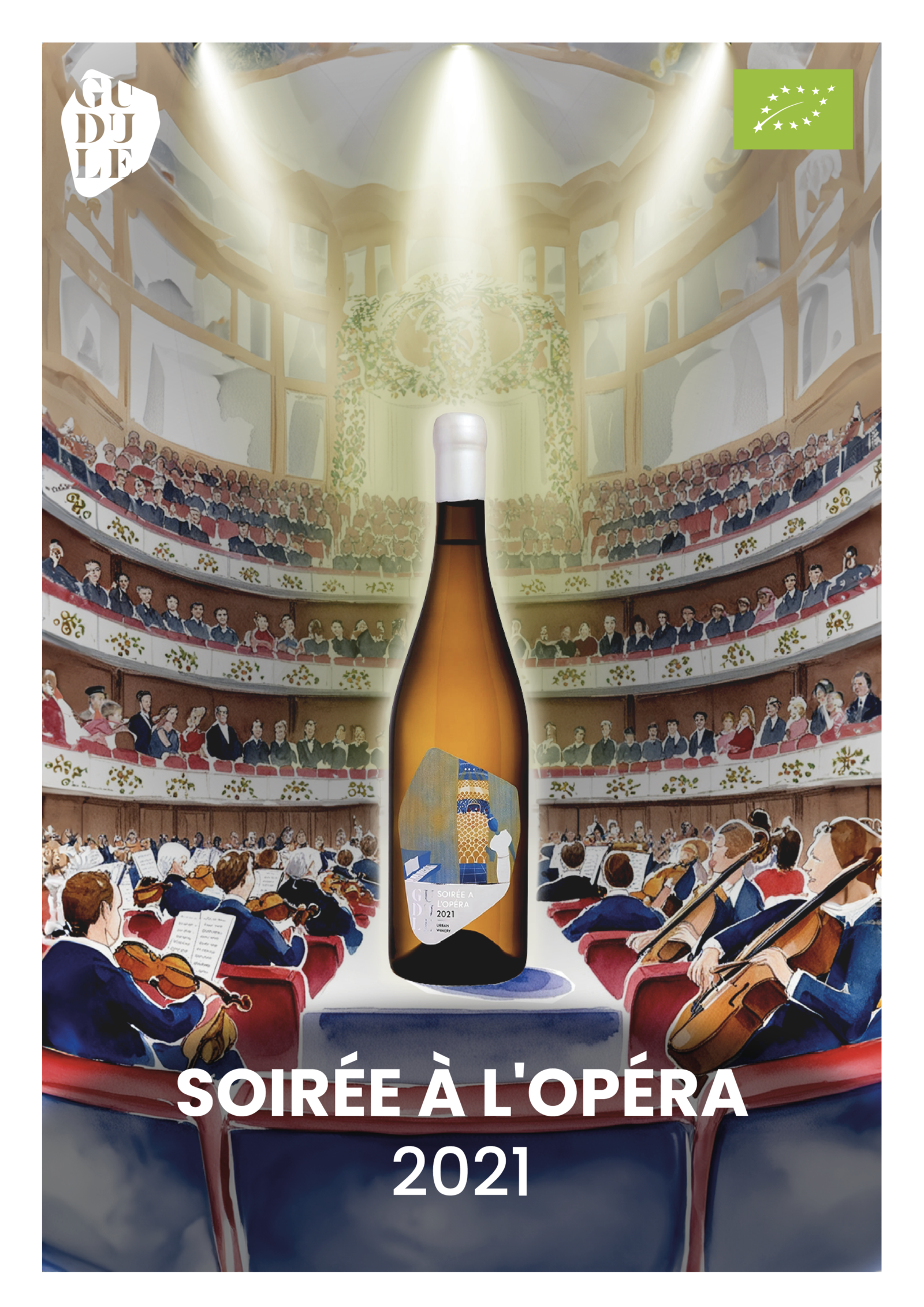 Affiche publicitaire du vin Soirée à l'Opéra 2021 de Gudule : bouteille sous les projecteurs d'une salle d'opéra illustrée, design Elax Studio
